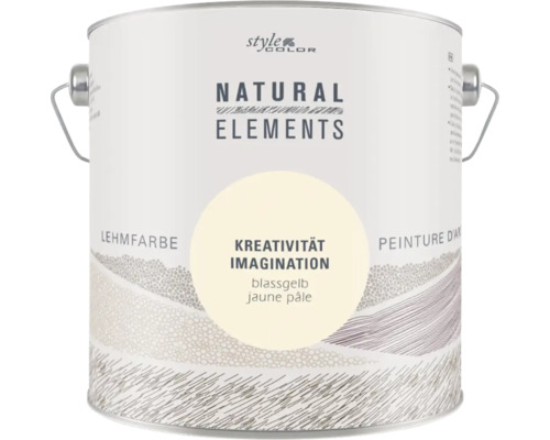 Ein Farbeimer mit Style Color Natural Elements Lehmfarbe in der Farbe blassgelb mit der Bezeichnung Kreativität.