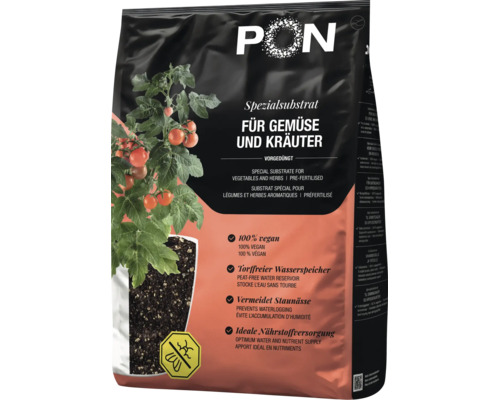 Substrat spécial PON pour légumes et herbes aromatiques, pré-fertilisé, sans tourbe et rétenteur d'eau en sac.