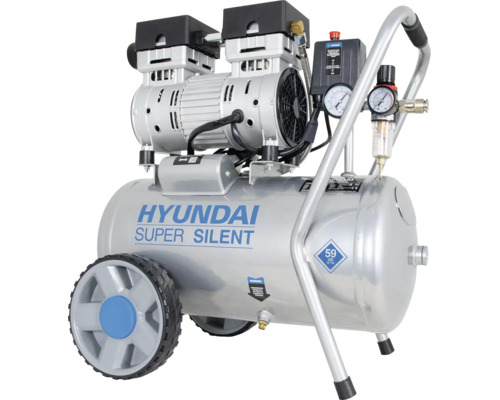Compresseur Hyundai Super Silent avec châssis et manomètre pour travaux de bricolage.