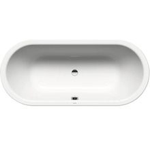 Ovale freistehende Badewanne mit mittigem Abfluss und Überlauf, Ansicht von oben.
