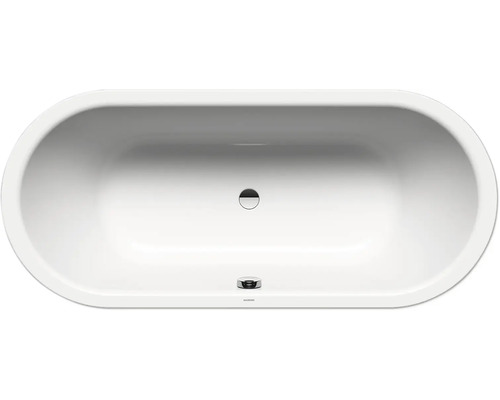 Ovale freistehende Badewanne mit mittigem Abfluss und Überlauf, Ansicht von oben.