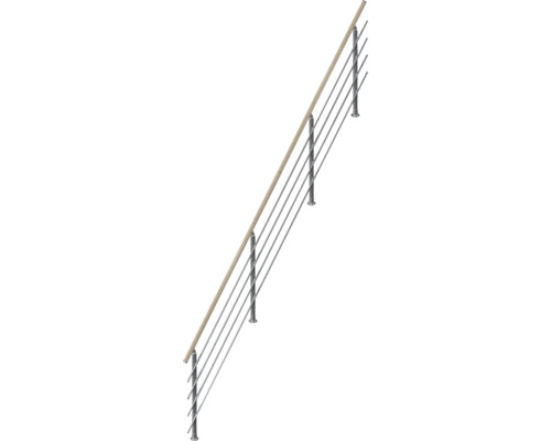Rampe d escalier avec main courante en bois et poteaux ainsi que barres transversales en acier inoxydable pour l interieur