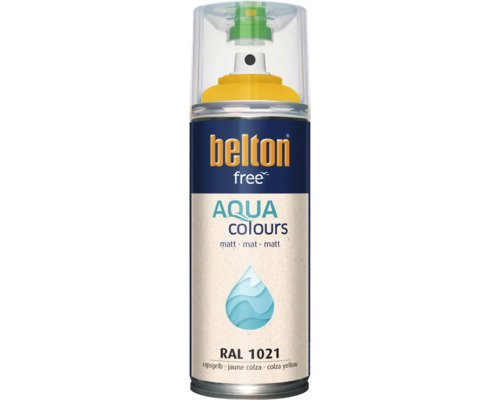 Peinture en aérosol Belton Free Aqua Colours jaune colza RAL 1021, peinture mate à base d eau pour diverses surfaces.