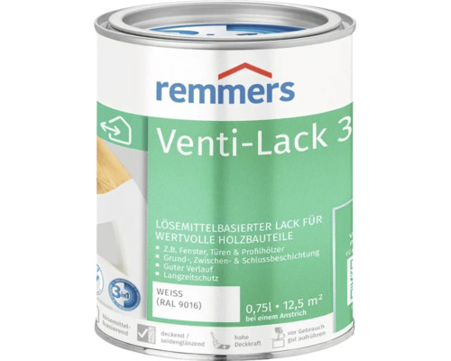 Remmers Venti Lack 3 en 1 blanc RAL 9016 laque solvantée pour bois pour fenêtres et portes, pot de 0,75 litre.