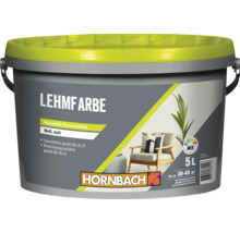 Un seau de peinture à l'argile Hornbach blanc naturel mat 5 litres pour 30 à 40 mètres carrés avec logo Hornbach et symbole mélangeur.