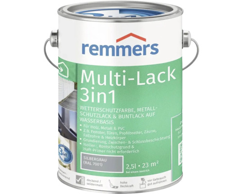 Remmers Multi Lack 3 en 1 Gris argenté 2,5 litres peinture de protection contre les intempéries pour bois métal et plastique