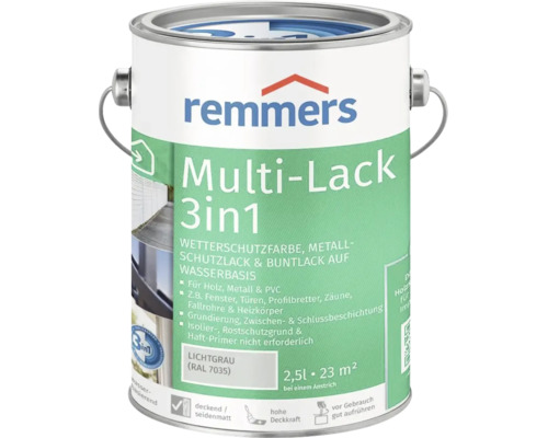 Peinture protectrice Remmers Multi Lack 3in1 gris clair RAL 7035, pot de 2,5 litres pour bois, métal et PVC.