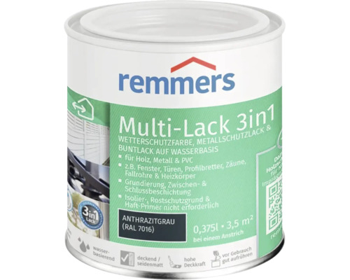 Remmers Multi Laque 3 en 1 Gris anthracite RAL 7016 0,375 litre peinture de protection contre les intempéries bois métal PVC
