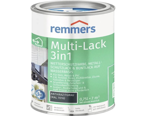 Peinture de protection contre les intempéries Remmers Multi Lack 3 en 1 Gris anthracite bidon de 0,75 litre pour bois métal et plastique