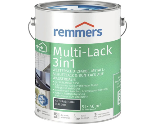 Peinture de protection contre les intempéries Remmers Multi-Lack 3in1 gris anthracite 5 litres seau à base d eau pour bois métal et plastique