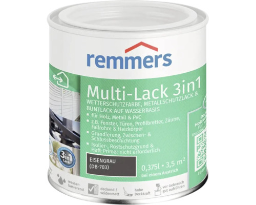 Remmers Multi-Lack 3in1 eisengrau, wasserbasierter Lack für Holz, Metall und Kunststoff, 0,375 Liter Dose