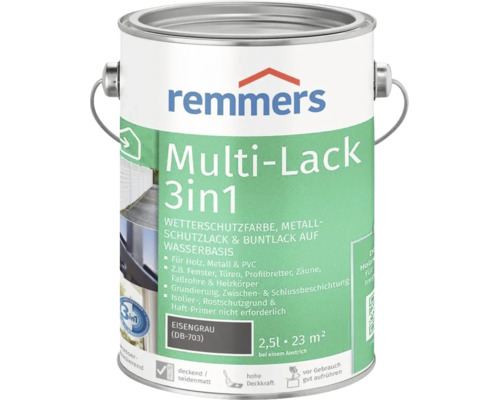 Peinture de protection contre les intempéries Remmers Multi Lack 3in1 en gris fer, pot de 2,5 litres pour bois, métal et plastique.