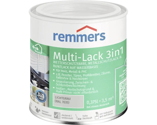 Peinture protectrice Remmers Multi Lack 3 en 1 gris clair RAL 7035, laque à base d'eau pour bois, métal et PVC, contenance 0,375 litre.