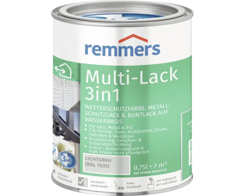Peinture multi usages 3 en 1 Remmers pour bois, métal et plastique en gris clair, bidon de 0,75 litre