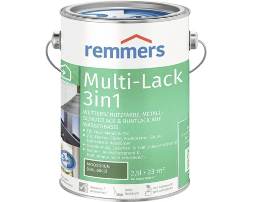 Peinture multifonction Remmers Multi Lack 3 en 1, protection métaux et bois, teinte vert mousse RAL 6005, bidon de 2,5 litres.
