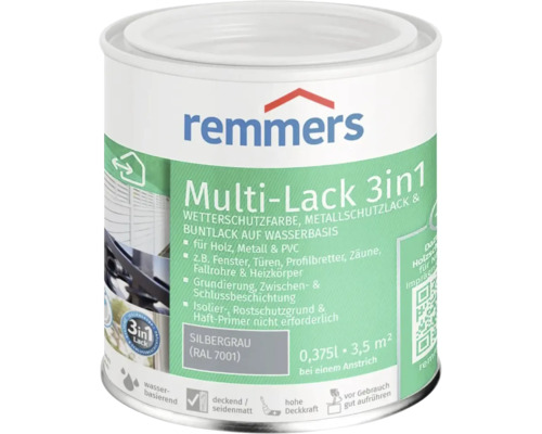 Peinture de protection contre les intempéries Remmers Multi Lack 3in1 pour bois métal et plastique en gris argent 0.375 litres