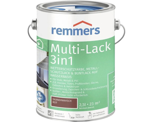 Peinture de protection contre les intempéries Remmers Multi Lack 3 en 1 rouge scandinave pot de 2,5 litres pour bois métal et plastique