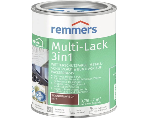 Peinture de protection contre les intempéries Remmers Multi Lack 3in1 rouge scandinave, boîte de 0,75 litre pour bois, métal et plastique.
