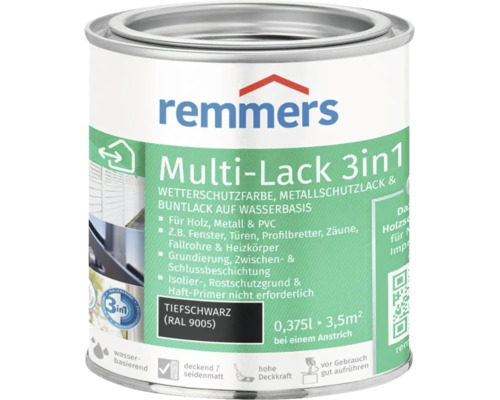 Remmers Multi Lack 3 in 1 Wetterschutzfarbe und Metallschutzlack tiefschwarz wasserbasiert 0,375 Liter