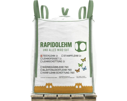 Big Bag mit Teichlehm von Rapidolehm, ein Naturbaustoff in einem großen Gewebesack auf einer Holzpalette für Bauarbeiten.