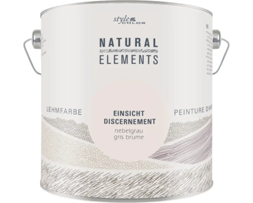 Eine Dose Style Color Natural Elements Lehmfarbe in der Nuance nebelgrau mit Tragegriff.