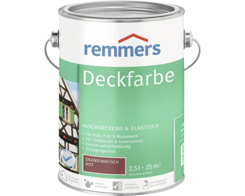 Peinture couvrante Remmers en rouge scandinave, laque résistante aux intempéries pour bois, crépi, maçonnerie et zinc, récipient de 2,5 litres.