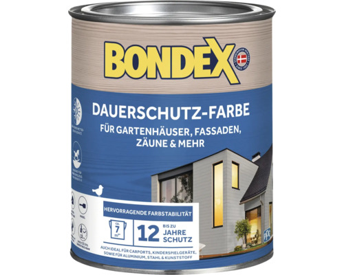 Peinture de protection permanente Bondex pour abris de jardin et façades, peinture résistante aux intempéries pour douze ans de protection.