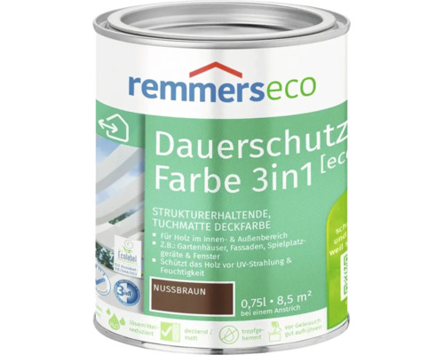 Pot de peinture de protection durable Remmers Eco 3 en 1 brun noisette pour bois intérieur et extérieur 0,75 litre
