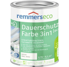 Pot de peinture Remmers Eco Dauerschutz Farbe 3 en 1 blanc RAL 9016 pour bois intérieur et extérieur 0,75 litre.