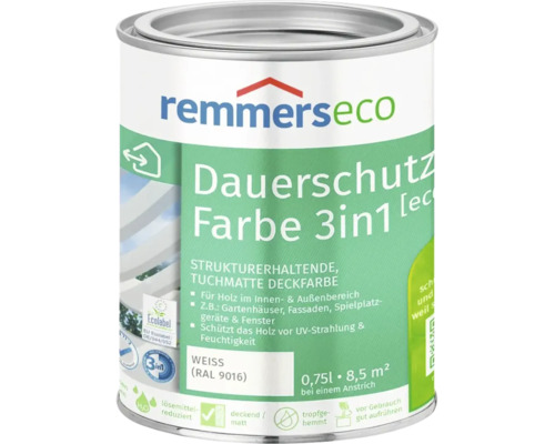Pot de peinture Remmers Eco Dauerschutz Farbe 3 en 1 blanc RAL 9016 pour bois intérieur et extérieur 0,75 litre.