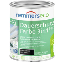 Dose Remmers Eco Dauerschutzfarbe 3 in 1 in Tiefschwarz RAL 9005 für Holz im Innen- und Außenbereich mit 0,75 Liter Inhalt.