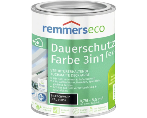 Pot de peinture de protection durable Remmers Eco 3 en 1 noir profond RAL 9005 pour bois intérieur et extérieur, 0,75 litre.