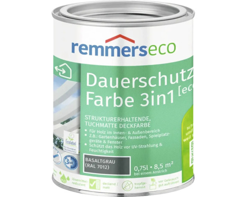 Pot de peinture de protection durable Remmers Eco 3 en 1, gris basalte RAL 7012, 0,75 litre, peinture pour bois intérieur et extérieur.