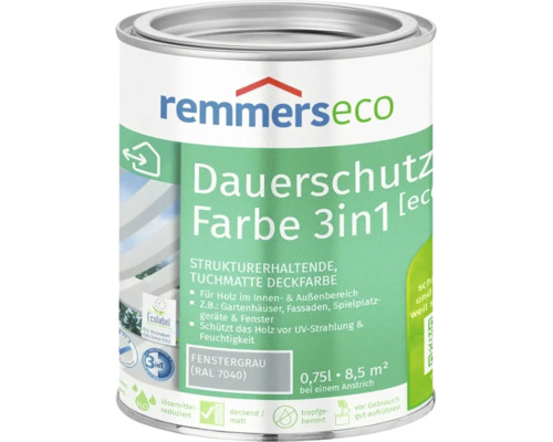 Un pot de peinture Remmers Eco Dauerschutz 3 en 1 en gris fenêtre RAL 7040 pour bois intérieur et extérieur avec 0,75 litre.