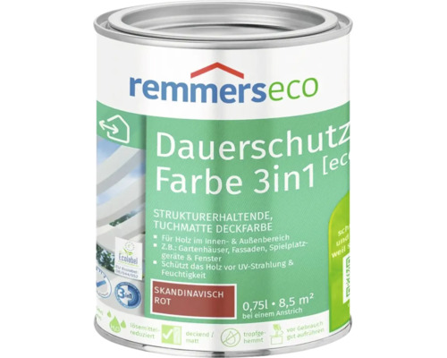 Pot de peinture de protection durable Remmers Eco 3 en 1 Scandinavisch rot, 0,75 litre, pour bois intérieur et extérieur.
