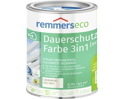 Peinture de protection durable Remmers Eco 3 en 1 blanc creme RAL 9001 0,75 litre pour bois interieur et exterieur.