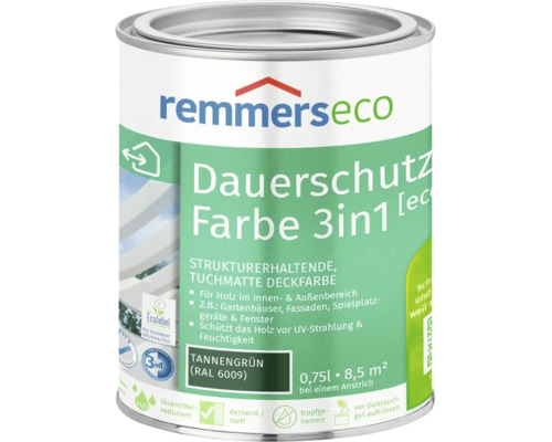 Peinture de protection durable Remmers eco 3 en 1 vert sapin RAL 6009 pour bois intérieur et extérieur boîte de 0,75 litre
