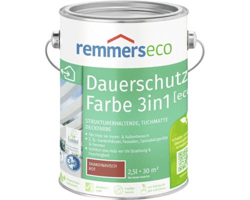 Pot de peinture Remmers Eco protection durable 3 en 1 en rouge scandinave 2,5 litres pour bois intérieur et extérieur