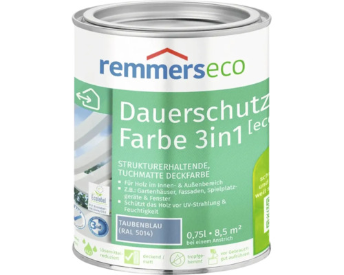 Peinture de protection durable Remmers Eco 3en1 bleu pigeon 0,75 litre pour bois intérieur et extérieur