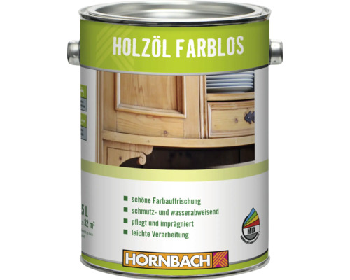 Hornbach Holzoel farblos zur Pflege und Impraegnierung von Holzoberflaechen in einer fuenf Liter Dose mit Hornbach Logo