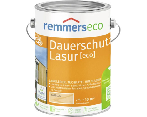 Dose mit Remmerseco Dauerschutz Lasur farblos 2,5 Liter für Holz innen und geschützten Außenbereich