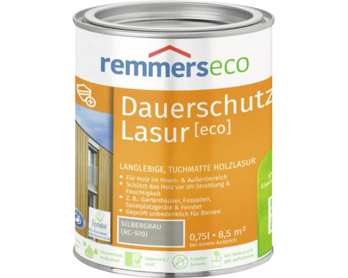 Lasure de protection longue durée Remmers eco gris argenté pour bois intérieur et extérieur, bidon de 0,75 litre