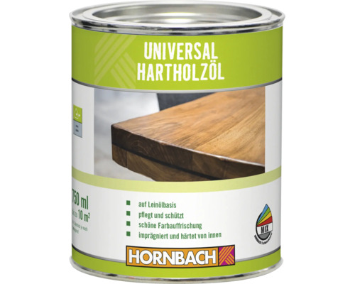 Dose Universal Hartholzöl von Hornbach zur Pflege und zum Schutz von Holzoberflächen im Innenbereich.