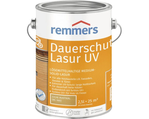 Remmers Dauerschutz Lasur UV, lasure pour bois à base de solvant pour usage extérieur, chêne rustique, 2,5 litres