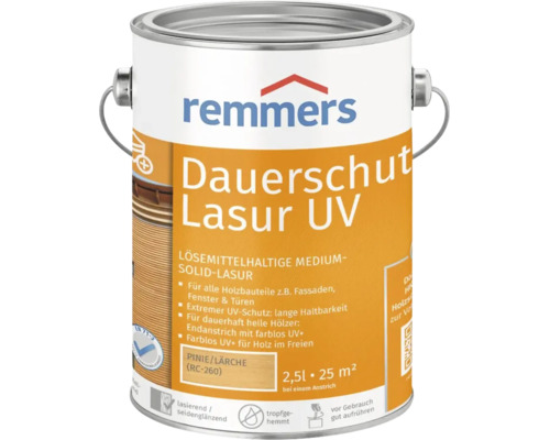 Lasure de protection longue duree UV Remmers, teinte Pin Meleze, bidon de 2,5 litres pour bois exterieur.