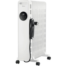 Radiateur à bain d huile Midea avec écran numérique, affichage 28 degrés Celsius, 4 roulettes et enrouleur de câble pour chauffage efficace.