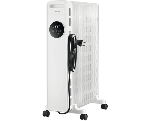 Radiateur à bain d huile Midea avec écran numérique, affichage 28 degrés Celsius, 4 roulettes et enrouleur de câble pour chauffage efficace.