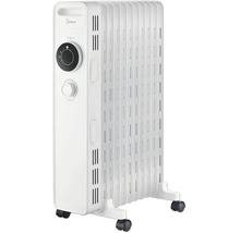 Radiateur a bain d huile Midea avec thermostat et reglage de puissance sur pieds avec roulettes.