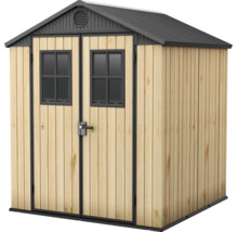Abri de jardin avec double porte et fenêtres, aspect bois, avec toit à deux pans pour l'extérieur.