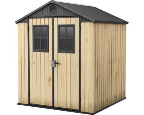 Abri de jardin avec double porte et fenêtres, aspect bois, avec toit à deux pans pour l'extérieur.